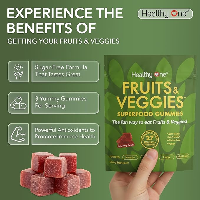 Fruits &amp Veggies Sugar-Free Gummies - 27 Whole Foods - Equals 3 Servings of Fruits &amp Vegetables - Improve Energy Focus &amp Immune Function - Fiber - Antioxidants - Organic Ingredients - 28