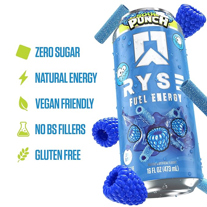 RYSE Fuel Energy Drink - Sour Punch Blue Raspberry - Sugar Free Gluten Free &amp Vegan - 200mg Natural Caffeine Taurine &amp Choline for Focus &amp Energy - No Artificial Colors - 16 fl oz Cans (
