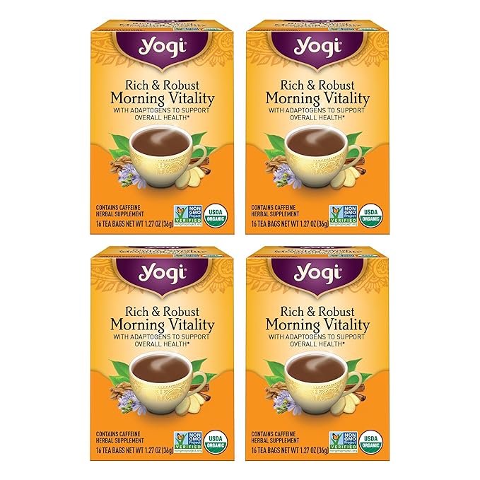 Yogi Tea Rich &amp Robust Morning Vitality Tea - 16 Bags per Pack (4 Packs) - Organic Adaptogen Tea Perfect for the Morning - Includes Puerh Tea Leaf Roasted Chicory Root Cinnamon Bark &amp More