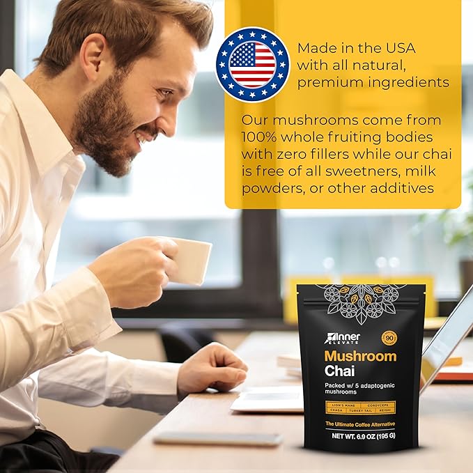 Inner Elevate Mushroom Chai - Ultimate Coffee Alternative - Adaptogenic Mushroom Tea Drink with Lion's Mane Cordyceps Chaga Reishi Turkey Tail (90 Servings)