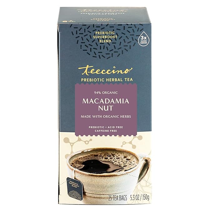 Teeccino Macadamia Nut - Prebiotic SuperBoost™ Herbal Tea - Support Your Probiotics with Vegan GOS &amp Organic XOS For Good Gut Health - Digestive Dessert Tea 25 Tea Bags (Pack of 2)