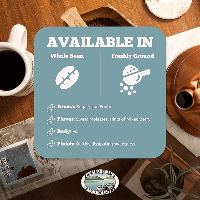 Camano Island Coffee Roasters Decaf Espresso Blend Ground 1lb Fresh Dark Roast Swiss Water Processed USDA Organic Fairly Traded Shade Grown Top 1% Arabica Sweet Molasses Mixed Berry Flavor