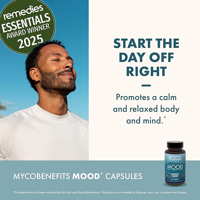 Host Defense MycoBenefits Mood* Capsules - Healthy Mind Support with Lion's Mane L-Theanine &amp Ashwagandha - Relaxing &amp Calming Supplement - 60 Capsules (30 Servings)*