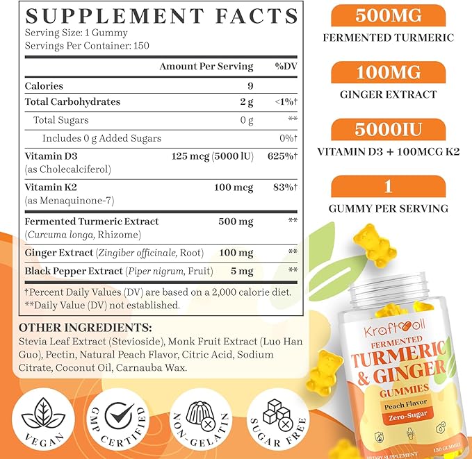 Turmeric and Ginger Gummies with Black Pepper Fermented Turmeric for Joint Comfort &amp Mobility Sugar-Free with Vitamin D3 + K2 Natural Peach Flavor – 150 Gummies
