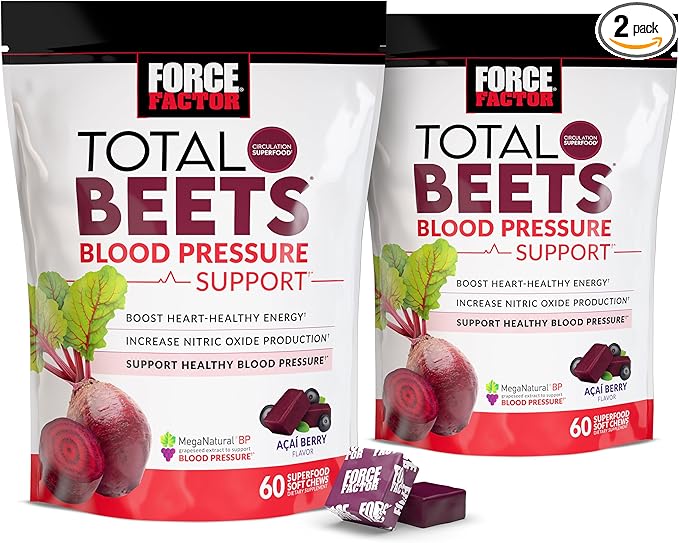 Force Factor Total Beets Blood Pressure Support Supplement with Beets Powder Great-Tasting Chewables for Heart-Healthy Energy and Increased Nitric Oxide 120 Chews 2-Pack
