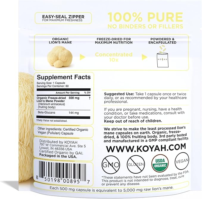 KOYAH - Organic Lion's Mane Mushroom Capsules - 100% Fruiting Body Freeze-Dried USA 3rd Party Tested for Beta-Glucans 500 mg Brain &amp Nerve Support. Immune Support. 60 Capsules