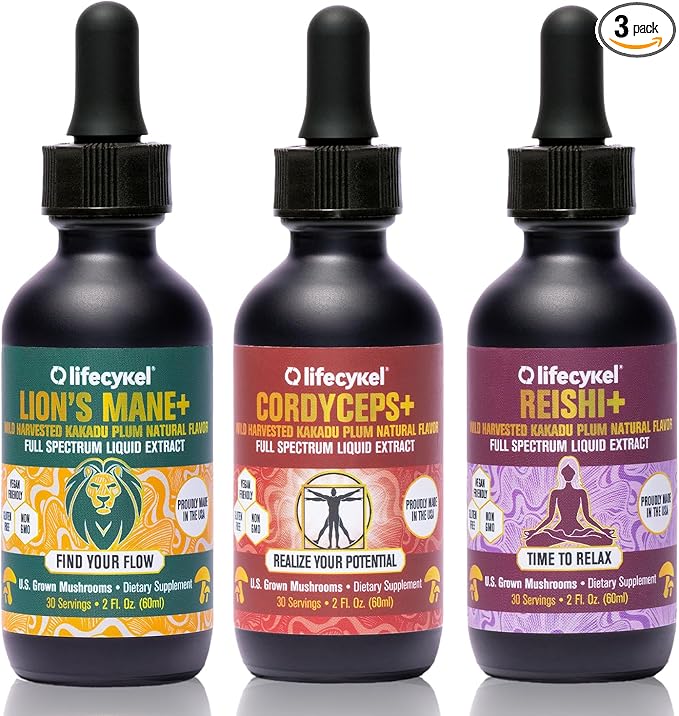 Life Cykel Professional Athletes Pack - Reishi Lion's Mane &amp Cordyceps Mushroom Extract- Full-Spectrum Mushroom Tincture for Energy Focus and Immune Health- Vegan Non-GMO Formula