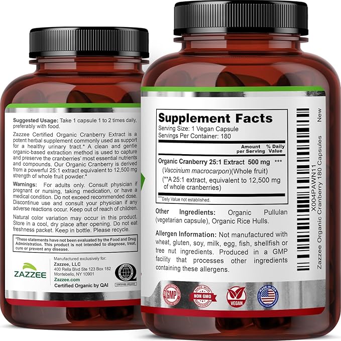 Zazzee USDA Organic Cranberry 25:1 Extract 500 mg per Capsule 180 Vegan Capsules 6 Month Supply Certified Kosher Vaccinium Macrocarpon Urinary Tract &amp Bladder Support Non-GMO Made in the U