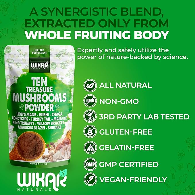 Wixar Mushroom Powder - Ten Treasure Mushrooms Extract Supplement Blend for Coffee &amp Smoothies - Lions Mane Turkey Tail Reishi Chaga Shiitake Cordyceps Complex - 4oz Mushroom Supplement