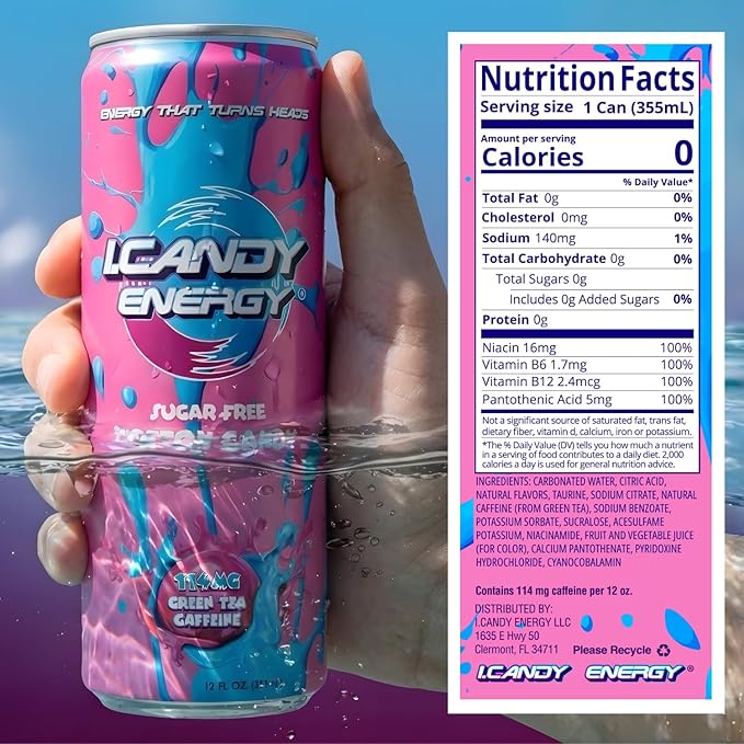 I.CANDY Energy Drink Cotton Candy 24 Pack 12 oz Cans Sugar Free Energy Drinks Bulk Zero Calorie Pink Energy Drink Case 114mg Caffeine Clean Energy