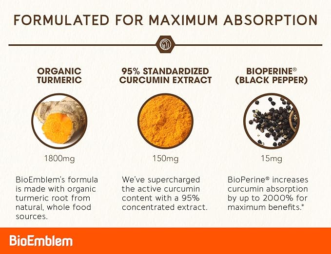 BioEmblem Turmeric Curcumin Supplement with BioPerine | Joint Support &amp Heart Health | with Organic Turmeric Powder &amp 95% Curcuminoids Extract | California Made Non-GMO 90-Day Supply
