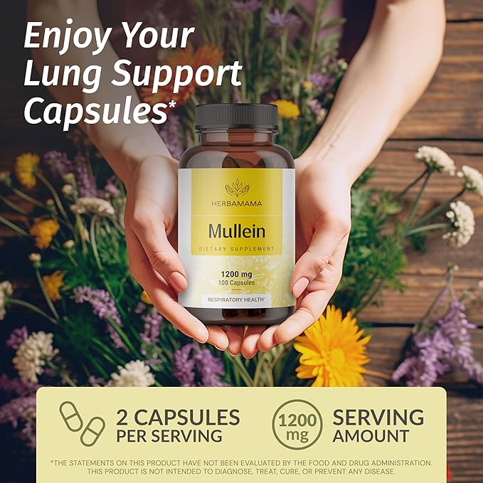 HERBAMAMA Mullein Leaf Capsules - 1200mg Mullein Leaf Extract for Lung Detox Support - Vegan Non-GMO Respiratory Lung Cleanse Supplement (Pack of 2)