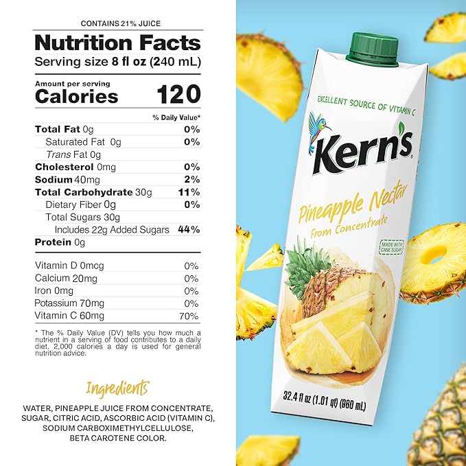Kern’s Pineapple Juice Nectar - Made with Fresh Pineapple Fruit Puree - Tropical Fruit Juice Concentrate for Smoothie Mix Cocktail Mixers &amp Kids Drinks &amp Mexican Beverages - 32.4oz 12 Pack C
