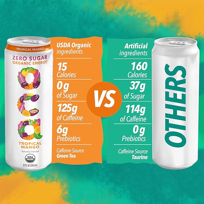 OCA ZERO Tropical Mango Organic energy drink zero sugar gluten-free vegan plant-based 12 Fl Oz (12-pack)