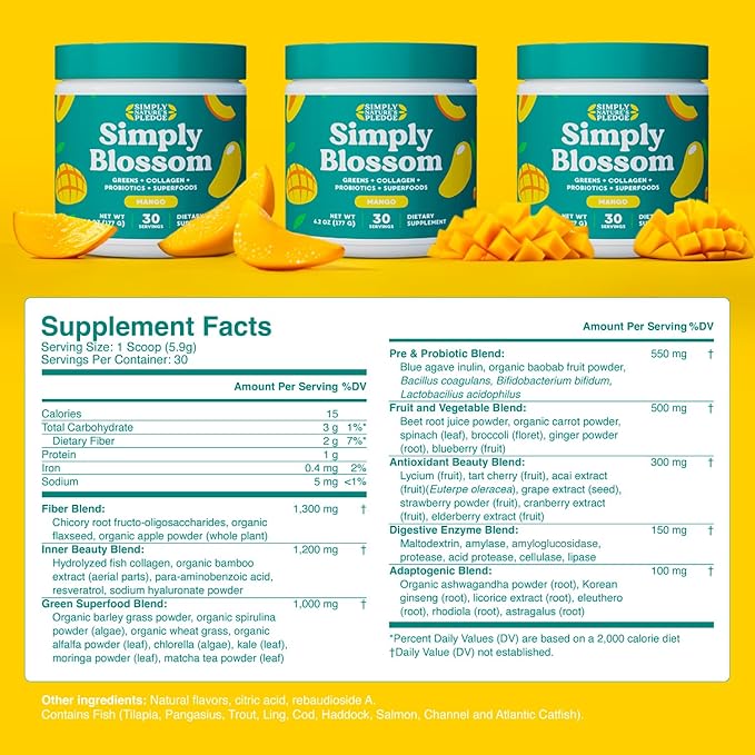 Simply Blossom Nutrition Daily Greens &amp Superfood Powder + Collagen + Probiotics for Women's Digestive Health &amp Bloating Relief. Help Your Health Bloom - 3 Month Supply - Mango