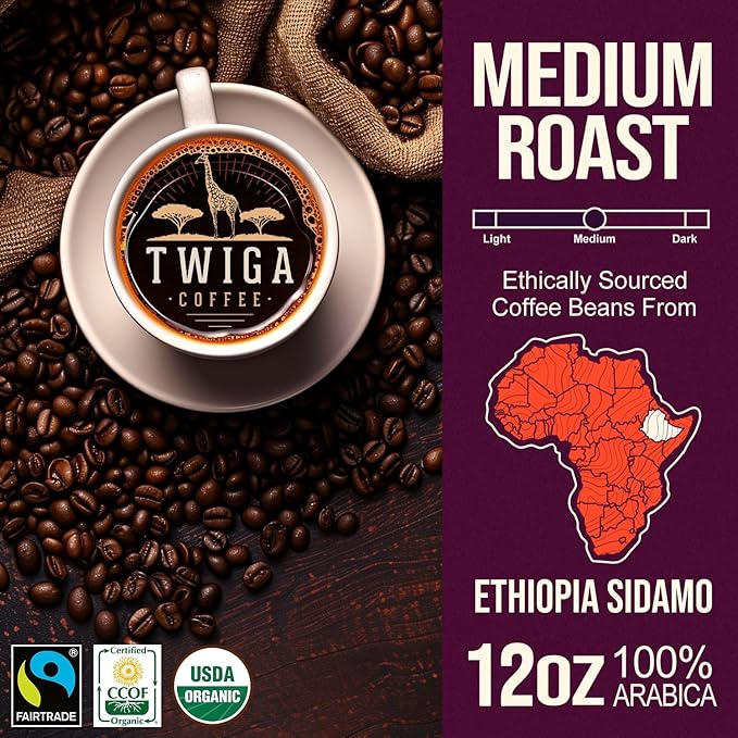 Twiga Coffee Premium Ethiopian Sidamo Whole Bean Coffee – Organic Medium Roast Arabica with Berry Citrus &amp Floral Notes – Single Origin Ethiopia – Freshly Roasted 12 oz