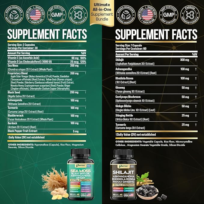 Shilajit and Sea Moss Bundle Sea Moss 350mg Black Seed Oil 200mg Ashwagandha 100mg Turmeric Shilajit 300mg Rhodiola Rosea 100mg Panax Ginseng 50mg Dynamic Vitality Bundle (3 Pack)