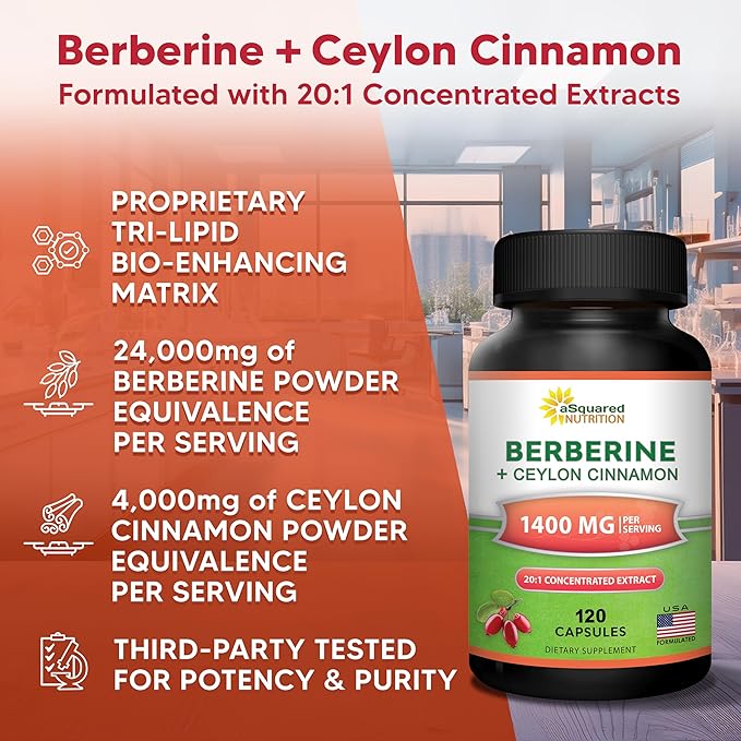aSquared Nutrition Berberine with Ceylon Cinnamon Supplement - 1400mg Per Serving Max Strength - 120 Capsules - 1200mg Per Serving HCl Powder Extract Plus Pills - Alternative to Gummies (Pack of 2)