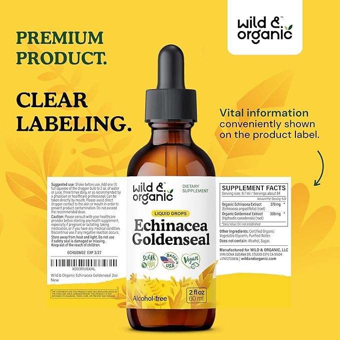 Wild &amp Organic Echinacea Goldenseal Liquid Drops - Immune Support Supplement w/Goldenseal Echinacea Root Extract - Vegan Sugar &amp Alcohol-Free Tincture - 2 fl oz