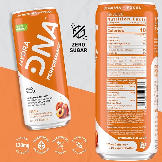 HYDRADNA- Clean Performance Drink Zero Sugar | For Natural Fuel Alertness Boost Stamina120 mg Organic Caffeine Natural Flavors Zero Sucralose Clean Ingredients (12 Pack) (12 Pack Peach)