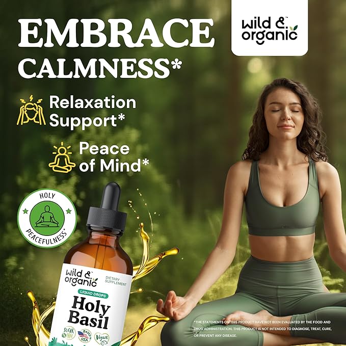Wild &amp Organic Holy Basil Tincture - Relaxation &amp Calmness Support - Liquid Holy Basil Leaf Supplement - Tulsi Drops - Vegan Sugar &amp Alcohol-Free Extract - 4 fl oz