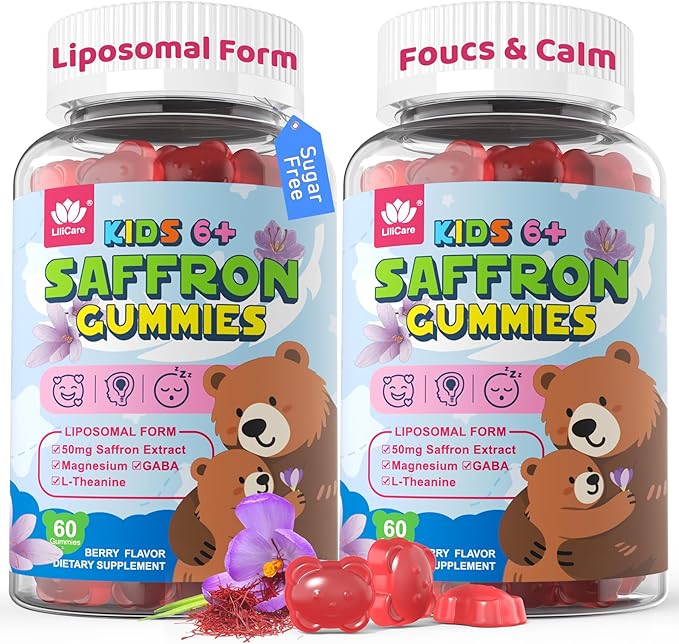 Saffron for Kids Gummies Liposomal Saffron Supplements Focus Calm Gummies Organic Saffron Extract with Magnesium Glycinate L-Theanine &amp GABA for Mood Sleep - Melatonin Free Sugar Free Vegan1