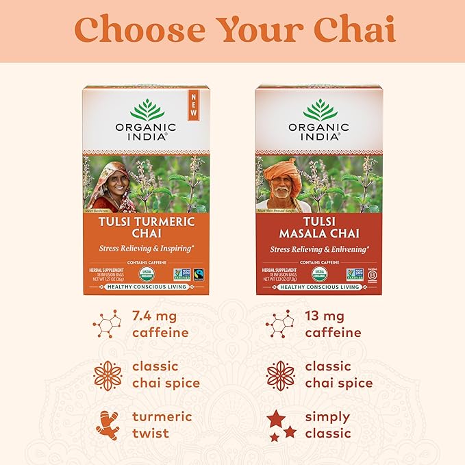 Organic India Tulsi Turmeric Chai Tea - Herbal Tea Bags with Caffeine Ginger Root Cinnamon Holy Basil Stress Relieving and Energizing Immune Support Helps Digestion - 18 Count Pack of 6