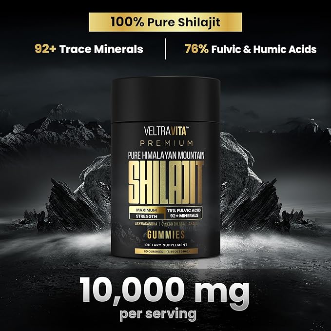 Pure Himalayan Shilajit Gummies with Ginkgo Biloba Chaga &amp KSM-66 Ashwagandha | Shilajit for Men &amp Women |10000 mg Max Potency | 76%+ Fulvic Acid &amp 92+ Trace Minerals | Sugar Free