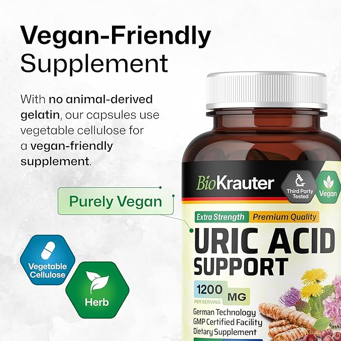 BIO KRAUTER® 7-in-1 Uric Acid Support Supplement with Tart Cherry Dandelion Root Cranberry &amp Celery Seed – Herbal Kidney Support with Milk Thistle &amp Turmeric 1200 mg 100 Capsules 50-Day Su