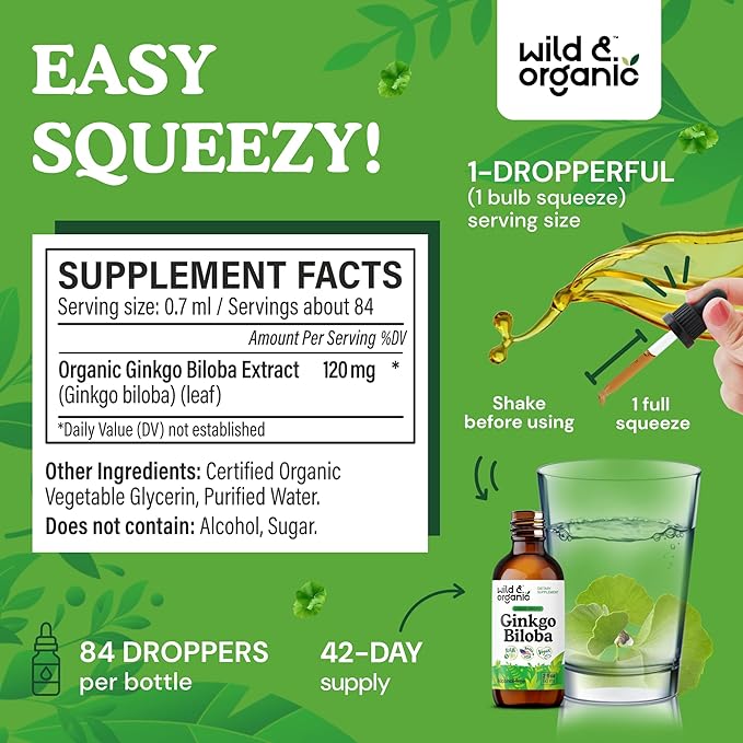 Wild &amp Organic Ginkgo Biloba Tincture - Brain &amp Focus Support with Ginkgo Leaf Supplement - Vegan Sugar &amp Alcohol-Free Herbal Extract Tincture - 2 fl oz