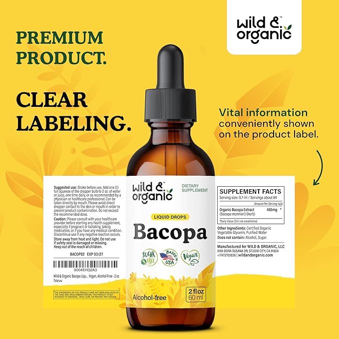 Wild &amp Organic Bacopa Tincture - Supports Calm Focus Clarity - Bacopa Monnieri Supplement Liquid - Alcohol-Free Drops with Brahmi Extract - Vegan Sugar-Free - 2-Month Supply - 2 fl oz