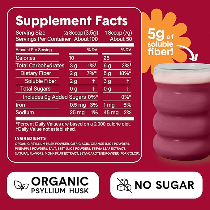 Bellway Super Fiber Powder + Fruit Sugar Free Organic Psyllium Husk Powder Fiber Supplement for Regularity Bloating Relief &amp Digestive Health Plant-Based Fruit Punch (50 Servings)