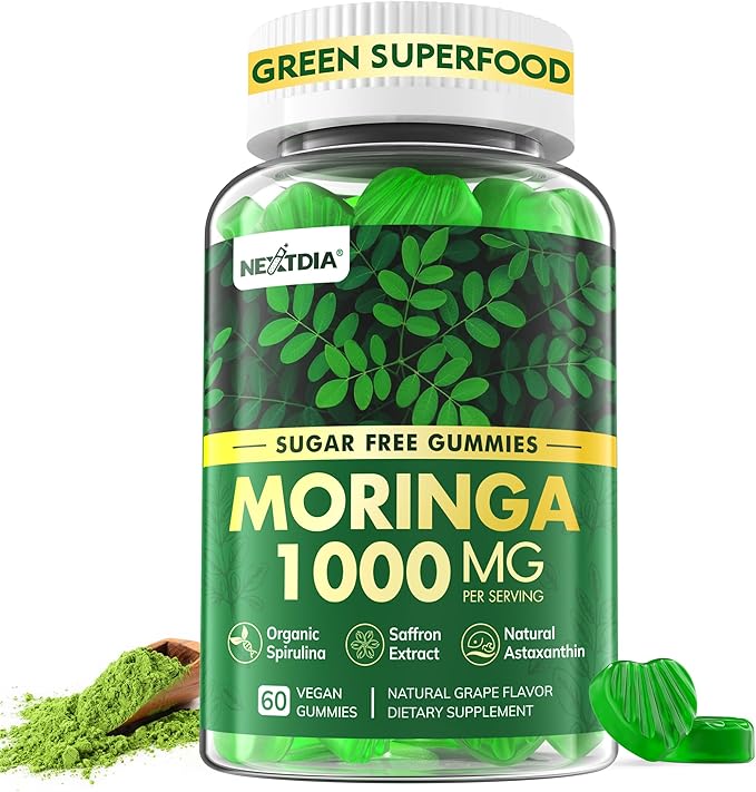 Moringa Gummies 1000mg - Organic Moringa Ashwagandha Spirulina Saffron Natural Astaxanthin 4mg &amp B12 - Nature's Multivitamin for Women &amp Men Energy Gut Skin &amp Mood Support Sugar-Fr