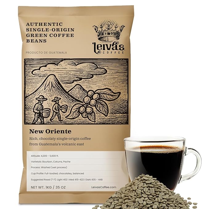 Leiva’s Unroasted Green Coffee Beans (1kg) – Nuevo Oriente Single Origin Coffee w/Rich Chocolate Notes – Washed Shade Grown Organic Guatemala Beans – Low Acid Whole Bean Unroasted Blend