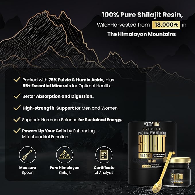 100% Pure Himalayan Shilajit Resin Gold 500 Organic | High Potency 75%+ Fulvic Acid Humic Acid &amp 85+ Trace Minerals | Natural Energy &amp Immune Support for Men &amp Women | Lab Tested