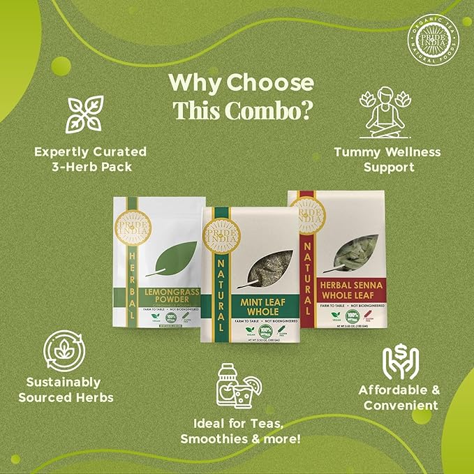 Pride Of India | Digestive Health Trio 10.59 oz (300 gm) | Includes Mint Leaf Whole Lemongrass Fine Cut &amp Senna Herbal Tea Leaf Whole | Perfect for Hot/Iced Tea Mocktails | Promotes Inner Wellne