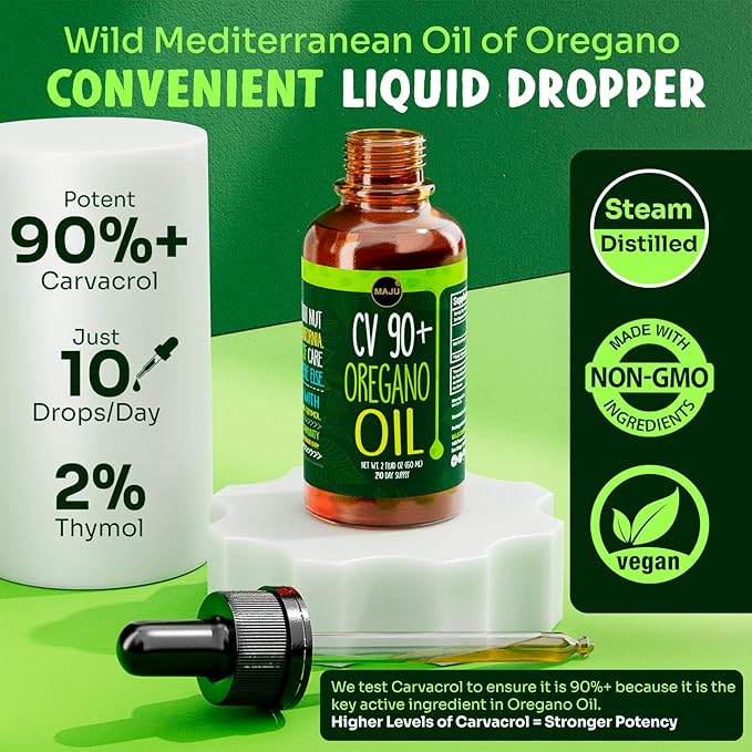 MAJU Oregano Oil Drops - Potent 90%+ Carvacrol (2 fl Oz) Wild Mediterranean Essential Oil of Oregano Liquid Aceite de Oregano Immune and Seasonal Support