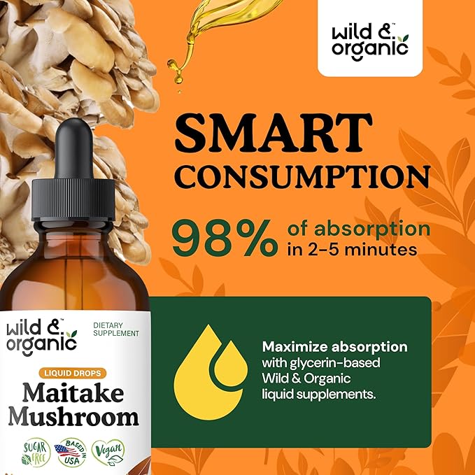 Wild &amp Organic Maitake Mushroom Tincture - Immune Support Supplement - Liquid Maitake Mushroom Extract - Vegan Sugar &amp Alcohol-Free Drops - 4 fl oz