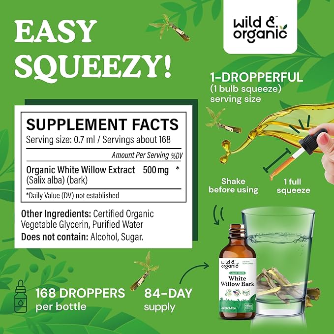 Wild &amp Organic White Willow Bark Tincture - Liquid Supplement for Overall Support - Alcohol &amp Sugar-Free White Willow Extract Drops - Salix Alba Bark - Vegan No Additives - 4 fl oz
