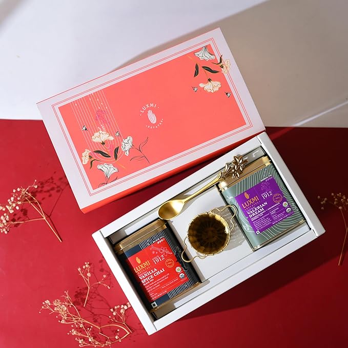 Luxmi Estates - Sleep Tea Set - 2 x 100g Tins of Valerian Dream and Vanilla Spice Chai + 1pc of Spoon and 1pc of Infuser Gift set pack best gift hamper | | Valentine Gift set