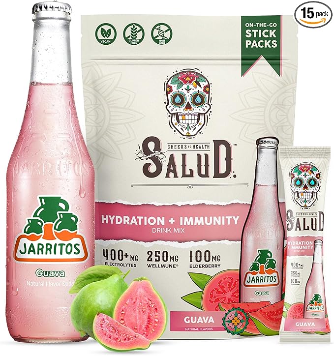 Salud x Jarritos 2-in-1 Hydration Packets + Immunity Electrolytes Powder Guava - Agua Fresca Drink Mix Elderberry Dairy &amp Soy Free Non-GMO Gluten Free Vegan 1g Sugar (15 Servings)