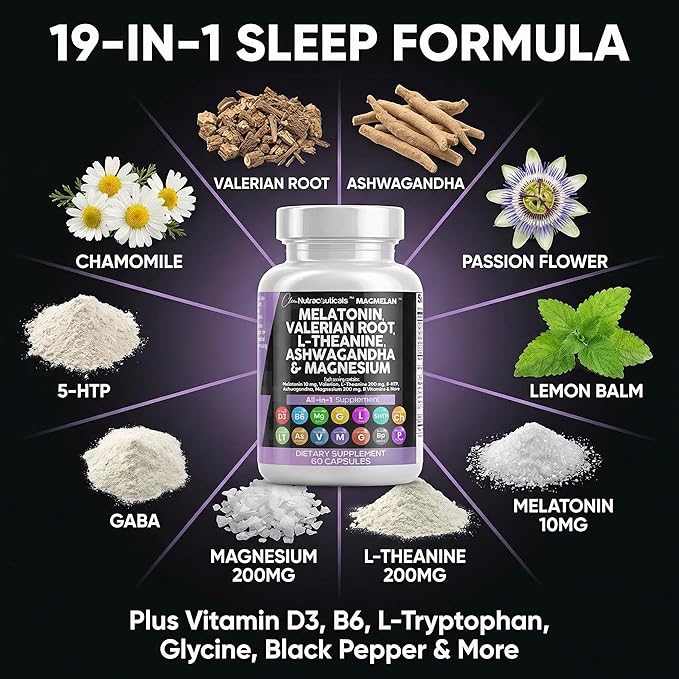 Clean Nutraceuticals Melatonin 10mg Valerian Root L Theanine 200mg Ashwagandha - Sleep Support for Women &amp Men with Magnesium Complex Lemon Balm Chamomile &amp Passion Flower - 60 Caps