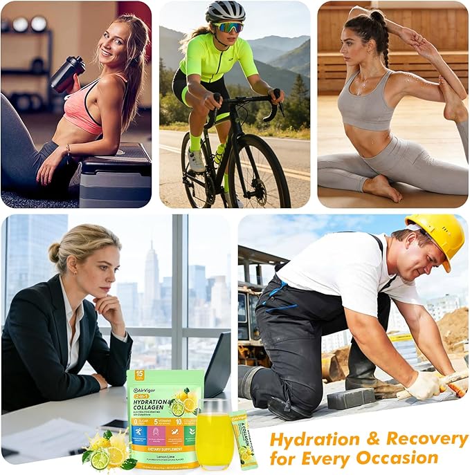 Electrolyte Collagen Powder Packets 10g Collagen Protein Drink Mix for Hydration Recovery Zero Sugar 2-in-1 Post Workout Rehydration Joint Skin Muscle Support 5 Vitamins Lemon Lime