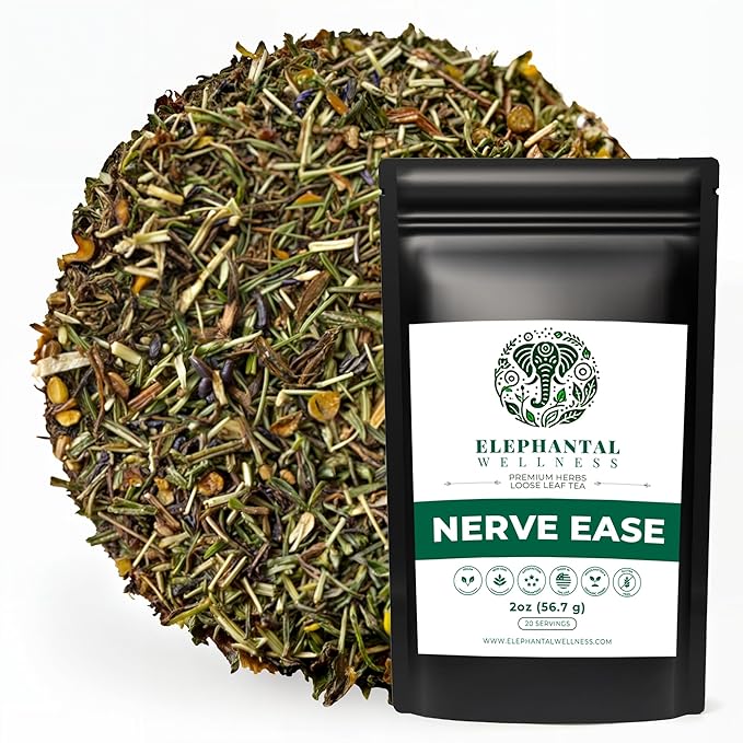 Elephantal Wellness Nerve Ease Herbal Tea | Calming Nervous System Support with Chamomile Tea Passionflower Lemon Balm Tea Valerian &amp St. John’s Wort | Loose Leaf Caffeine-Free 2oz 20 Servin