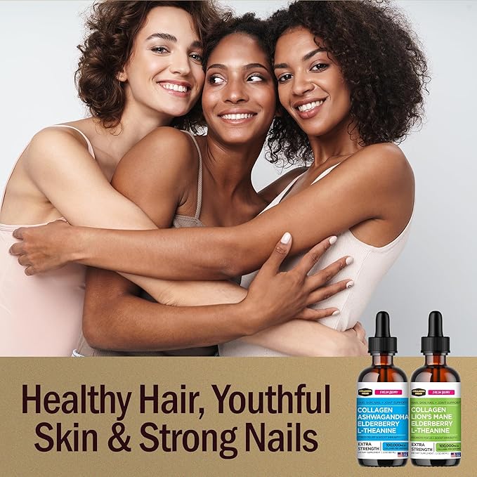 Collagen Mojo - Liquid Collagen Peptides for Women &amp Men with Lion's Mane Mushroom Elderberry &amp L-Theanine and Ashwagandha Elderberry &amp L-Theanine - for Hair Skin Nails Join Support -