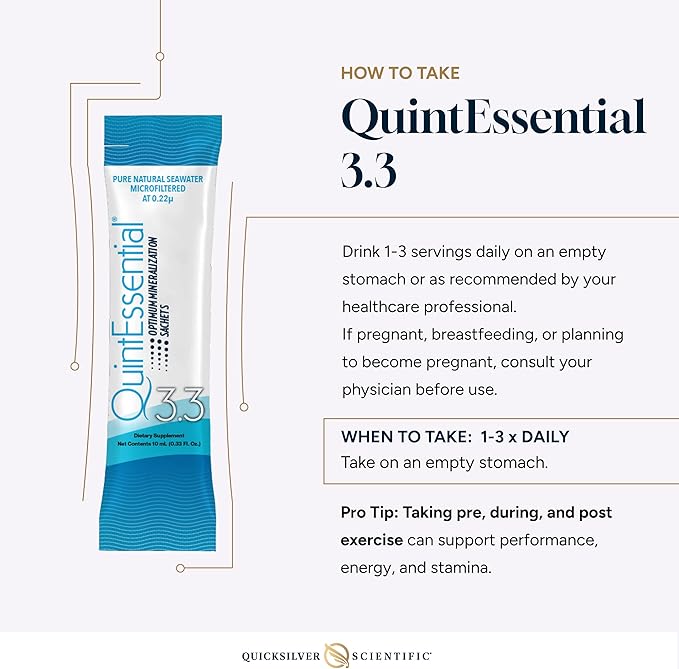 Quicksilver Scientific Quintessential 3.3 Sachets - Hypertonic Solution - Filtered Sea Water Hydration Packets - Liquid Minerals for Muscle Recovery Stamina + Mineral Replenishment (30 Count)