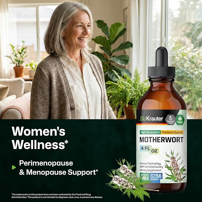 BIO KRAUTER® Perimenopause &amp Menopause Supplements for Women* - Vegan Motherwort Tincture 4 Fl.Oz 56-Day Supply for Natural Calm &amp Women's Wellness - Alcohol &amp Sugar Free - 650 mg per Serv