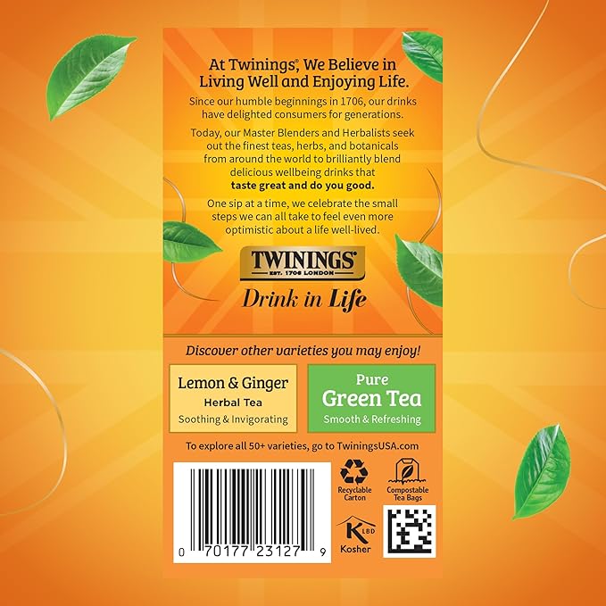 Twinings Honeybush Mandarin &amp Orange Herbal Tea Individually Wrapped Bags 20 Count (Pack of 6) Naturally Caffeine-Free Enjoy Hot or Iced 120 Teabags