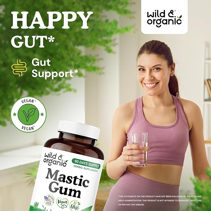 Wild &amp Organic Mastic Gum Capsules - 1000 mg Mastic Gum Resin Supplement for Gut Support - 90 Days of Supply - 180 Vegan Capsules - No Fillers Non-GMO Gluten-Free