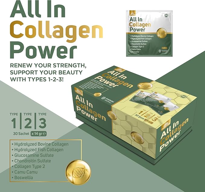 All in Collagen Power – Multi-Type Collagen Powder with Glucosamine &amp Hyaluronic Acid – Supports Joint Mobility Skin Elasticity – Raspberry Flavor – 30 Sachets